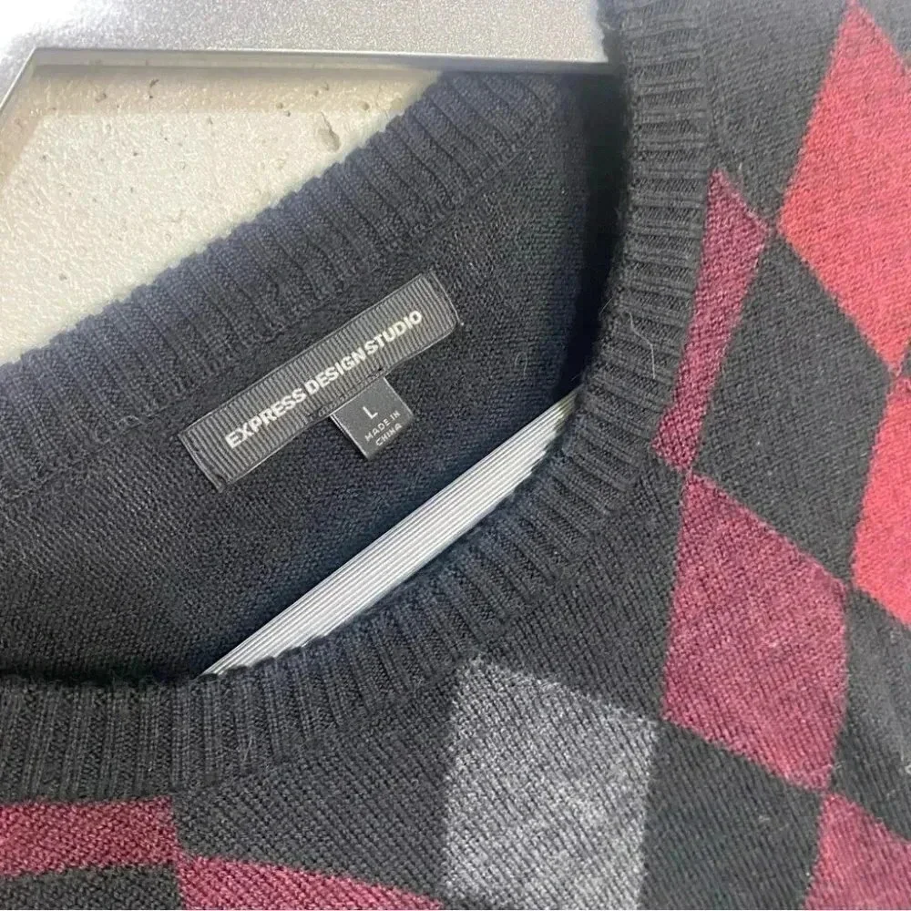 Express Design Studio L 100% merino wool black red +‎ gray crew sweater